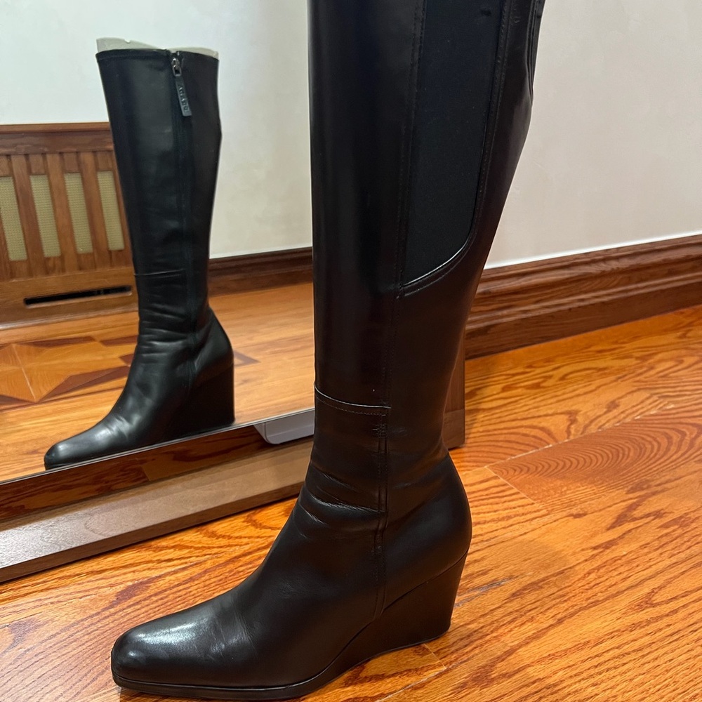 Prada Black Leather Wedge Knee Boots - Picture 2 of 7